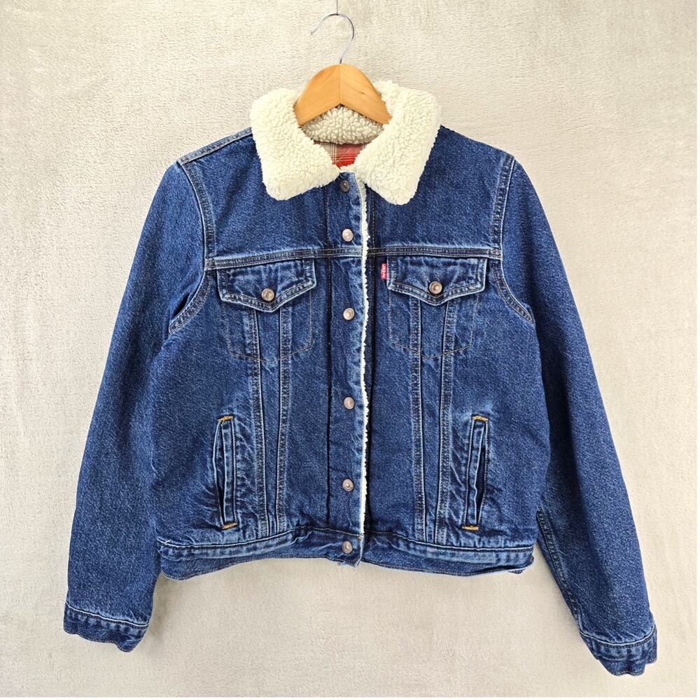 Levi's Reversible Sherpa-Lined Denim Jacket Womens Large Red Plaid Quilt Lined